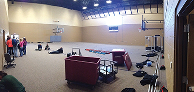 BEFORE : A community center gym converted to a video venue multisite church