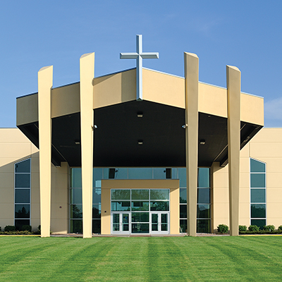Symmetrical entrance to a modern Christian church